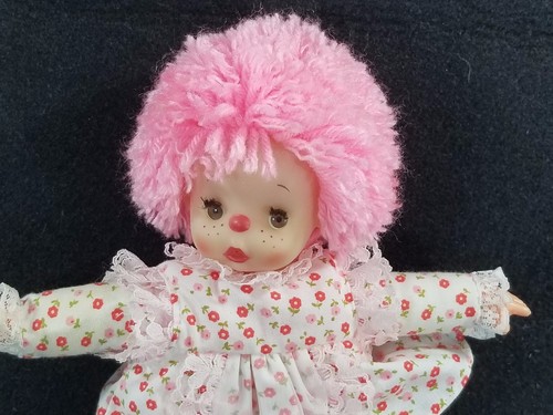 VTG Ocean Doll Pink Hair Clown Eyelashes Plush Adorable 8" Toy Pink Red Dress - Picture 2 of 7