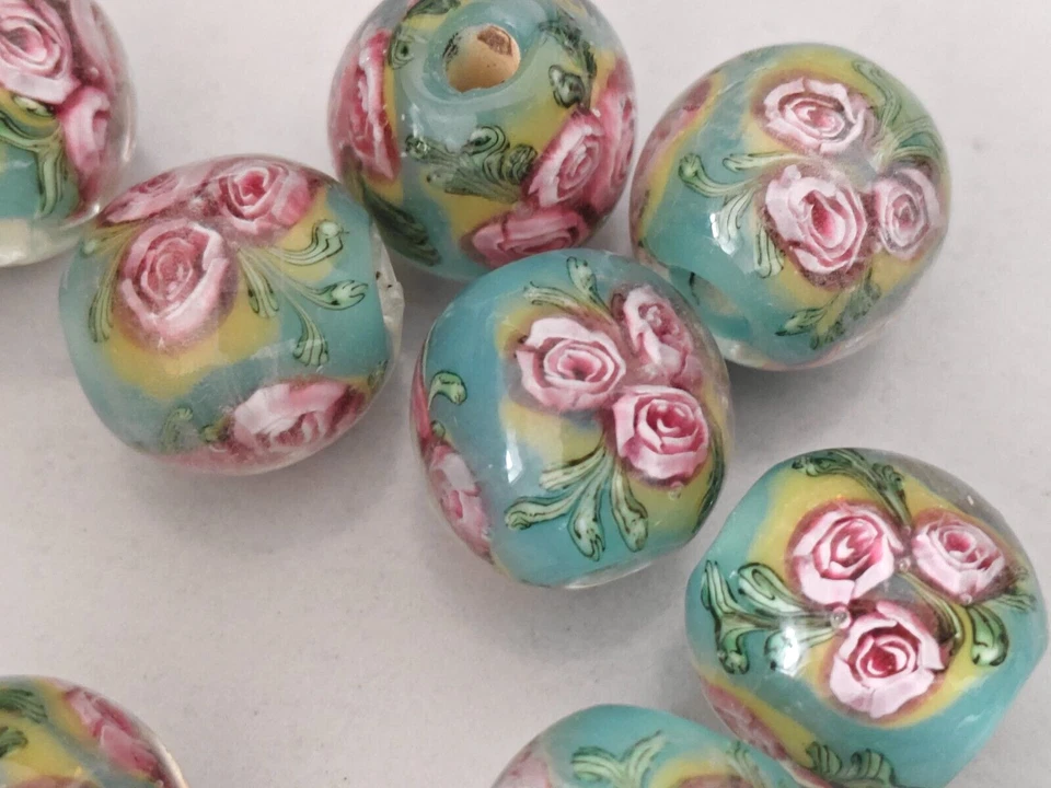10 cuentas de vidrio de murano hechas a mano flor redonda azul rosa 14 mm Foto 4 de 4