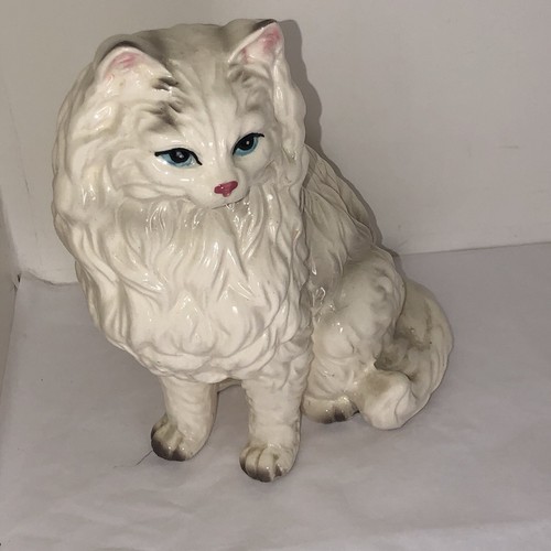 8" Tall Ceramic Cat Mold Statue Vintage Long hair white with gray tips - Picture 13 of 16