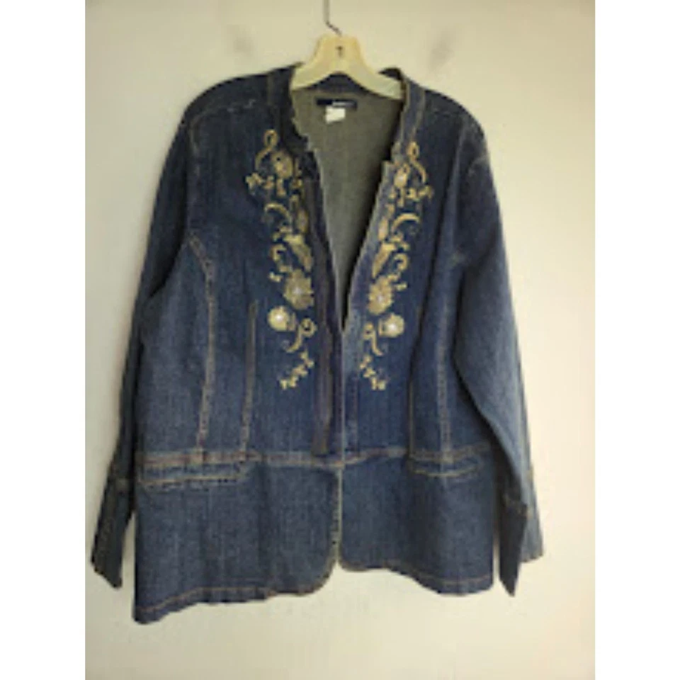 NWOT Denim 24/7 Women Blue Denim w/Gold Floral Embroiderdy Zip Up Jacket sz 24W - Image 3 of 4