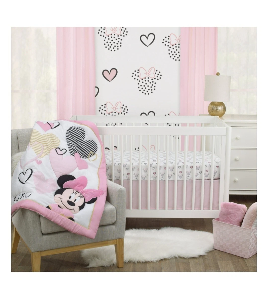 Disney Minnie Mouse Hearts Dots 3 Piece Crib Bedding Set Pink