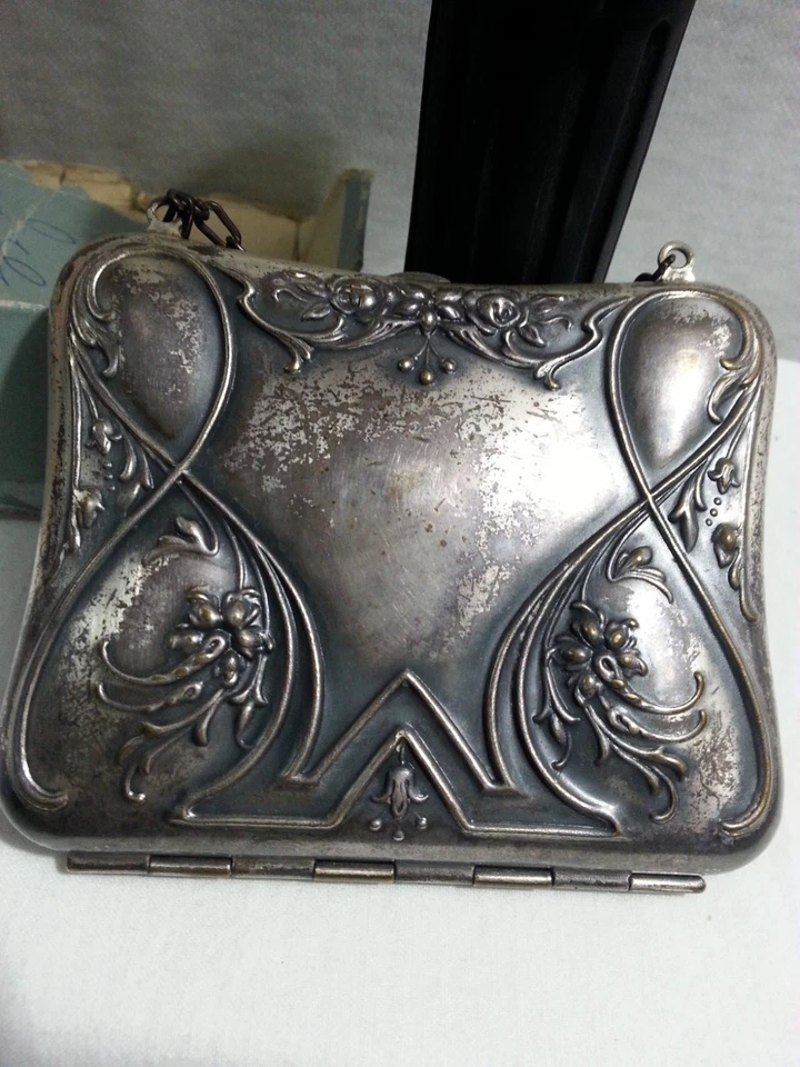 Antiqu 1920s Victorian Compact Purse Nouveau Floral Silver Metal Mirror Perfume - Image 2 of 4