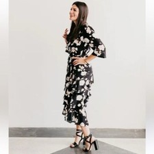 Alice + Olivia Wrap Kye Ruffle Floral Print Crepe Midi cottagecore Fairy Dress 4