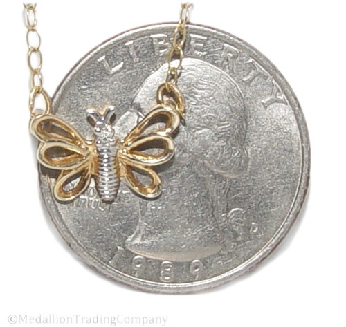 Vintage 14k Yellow White Gold Diamond Butterfly Pendant 17" Rolo Chain Necklace - Picture 4 of 6