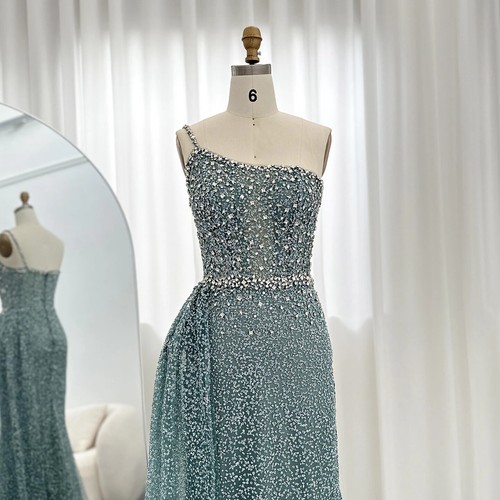 Sparkly One Shoulder Mermaid Evening Dresses with Overskirt Wedding Party Gowns - Picture 3 of 13