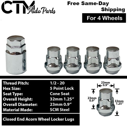 4x Chrome 1/2-20 Cone Seat Anti-Theft Wheel Lock+Key Fit Jeep Dodge Jaguar &More - Picture 1 of 6