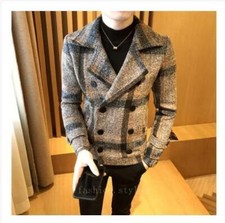 Men's Wool Blend Short Slim Fit Jacket Double Breasted Lapel Collar Peacoat Coat