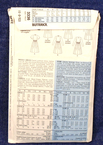 Vintage 80s Butterick Pattern 3336 Pullover Blouson Top Flared Dress 6-10 Uncut - Picture 2 of 2