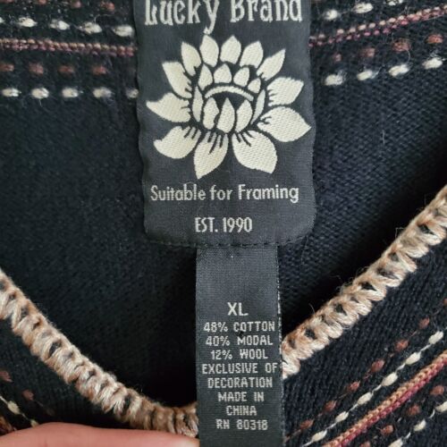 LUCKY BRAND Wool Modal Sweater Embroidered Womens XL Black Boho Lagenlook 3/4 Sl - Picture 2 of 14