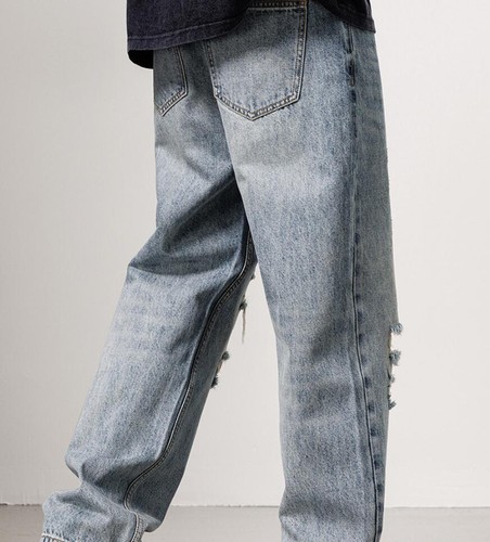 Men's Blue Denim Straight Leg Casual Pants Ripped Holes Straight Leg Trousers - Picture 3 of 10