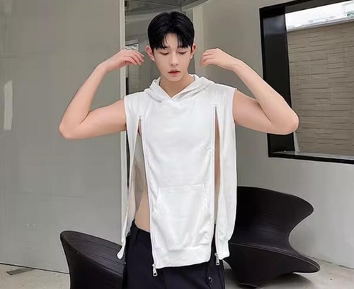 Herren Neu Mode Sommer Punk Gothic Kapuze Locker Doppelreißverschluss Ärmellos T-Shirt - Bild 3 von 14