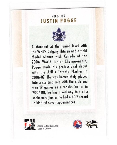 2007-08 ITG Between The Pipes - Future of Goaltending - Justin Pogge #FOG-07 - Picture 2 of 2