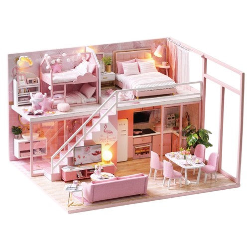 DIY Miniatur Puppenhaus Bausatz - Maßstab 1:24 Puppenhaus rosa Schlafzimmer mit Beleuchtung - Bild 5 von 11