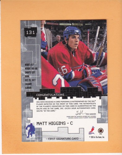 MATT HIGGINS 1999-00 BAP MILLENNIUM SIGNATURE SERIES AUTO #131 CANADIENS A2 - Picture 2 of 2