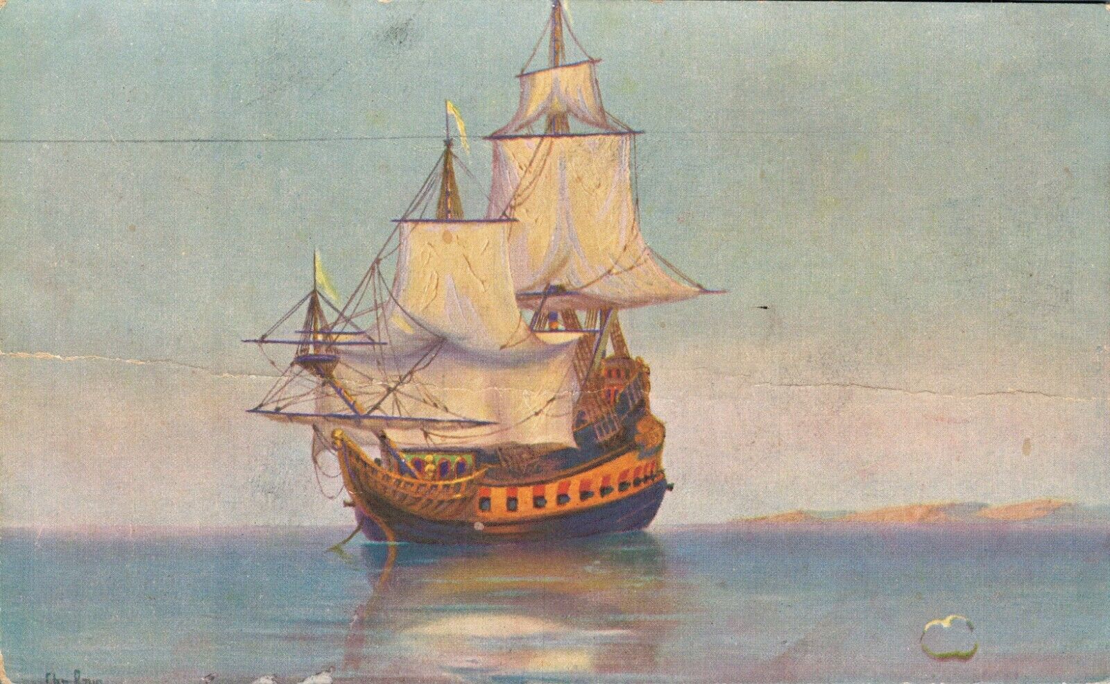 Artist Signed Naval Old Ship Dutch Warship 17th Century B56