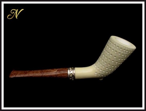 Lattice Stallion Horn Meerschaum Pipe Special Built w/out Screw Silver Ring 2911 - Picture 8 of 12