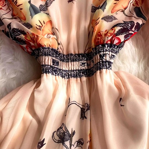 Holiday Flower Bohemian Chiffon Robe Dress Women's V-Neck Long Flare Sleeve - Picture 3 of 10