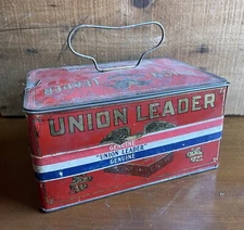 Antique 1900s Union Leader Cut Plug Smoking Tobacco Tin Litho Box Pail Empty