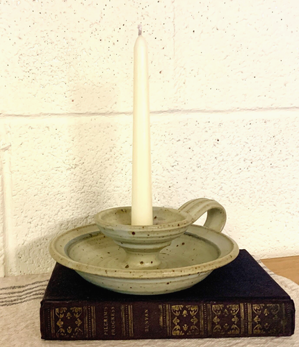 Stoneware Candle Holder Chamberstick Drip Tray Pottery Signed Blue Gray 7" D - Picture 3 of 8