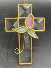 Stained Glass Cross Suncatcher Beveled Glass with Flower Gold Accent Wrapped