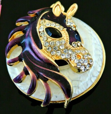 3D HORSE Head on Raised Circle NECKLACE Purple Enamel Mane & Clear Crystals