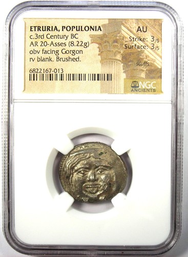 Etruria Populonia Silver AR 20 Asses Gorgon Greek 200 BC Coin - Certified NGC AU - Picture 5 of 6