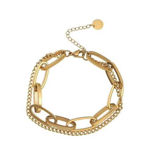 Woman 18K Gold Plated Stainless Steel Rolo Link Curb 2 Layer Bangle Bracelet - Picture 5 of 5