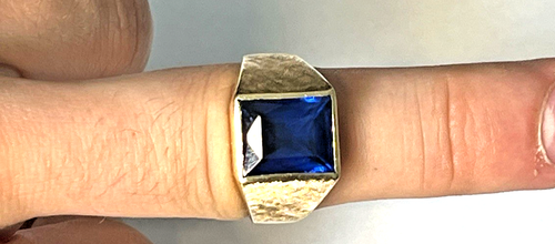 Vintage Real Solid 14k Yellow Gold Signet Ring Band simulated Blue Sapphire S 10 - Picture 11 of 14