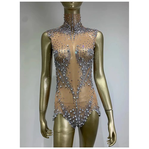 Women Sparkly Rhinestones Mesh Bodysuit Singer Dance Performance Show Stage Wear - Picture 8 of 28