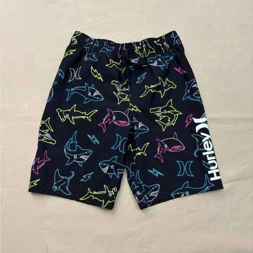 Hurley Black Swim Trunks with Neon Shark Print Boys Size 7 / 8 Medium