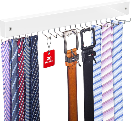 Tie Rack Wall Mounted, Belt Rack Tie Organizer for Men with 20 Storage Hooks, No - Picture 10 of 12