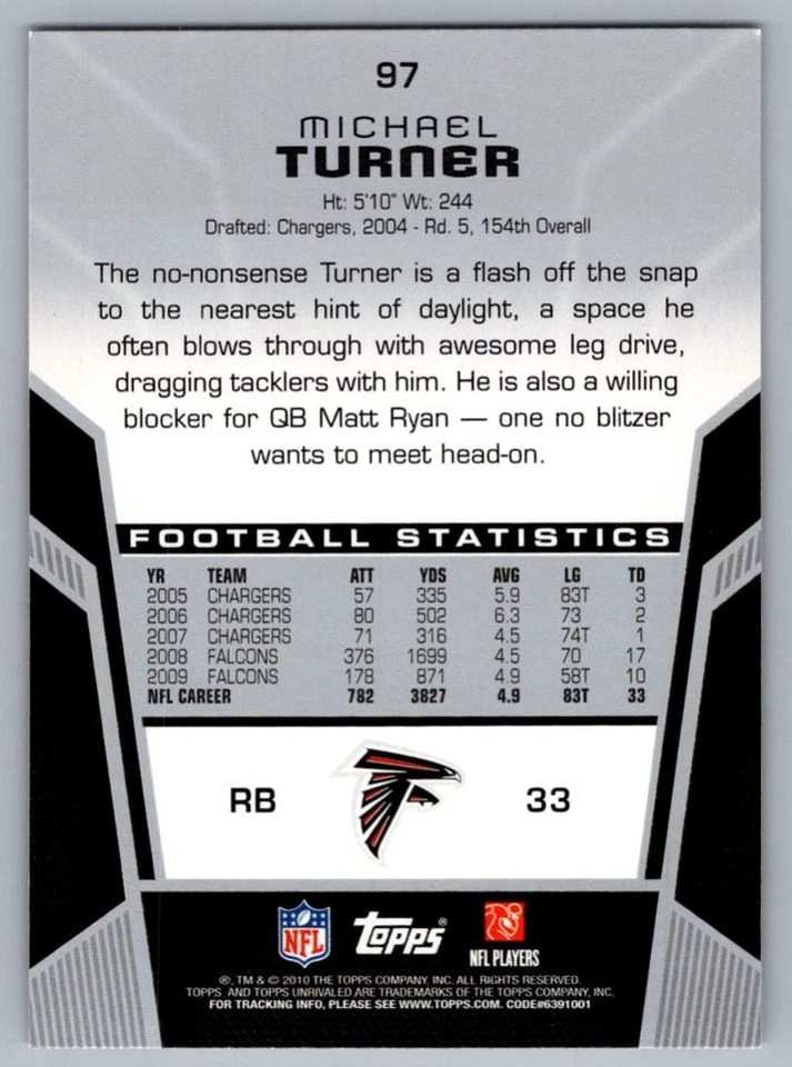 2010 Topps Unrivaled Michael Turner Atlanta Falcons #97 - Image 2 of 2