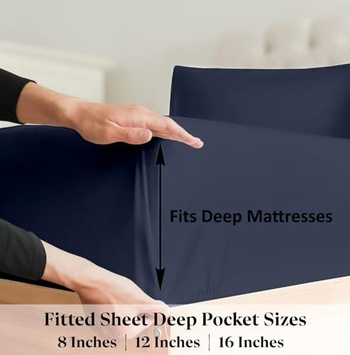 Zipper Fitted Sheet - Size, Hotel Quality Queen Navy Blue 12 Inch Deep Pocket - Picture 5 of 8