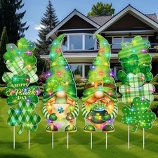 4 Sets St. Patrick's Day Yard Signs LED Shamrock Clover Gnome Outdoor Lawn