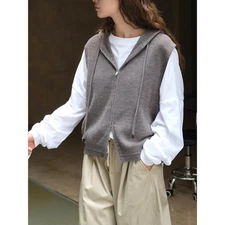 Retro Hooded Womens Knitted Sleeveless Vest Zipper Short Waistcoat Knitwear Tops