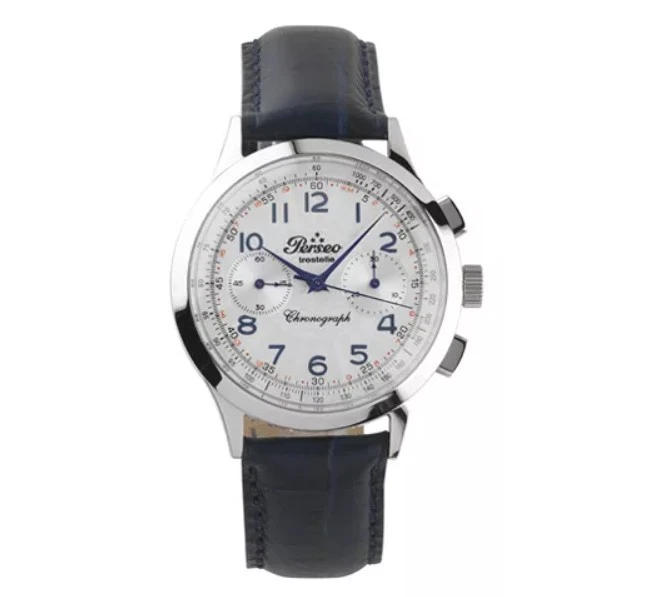 Perseo Orologio Cronografo Carica Manuale 4201.02: Cassa Acciaio 40mm, Quadrante Bianco E Cinturino Pelle Blu