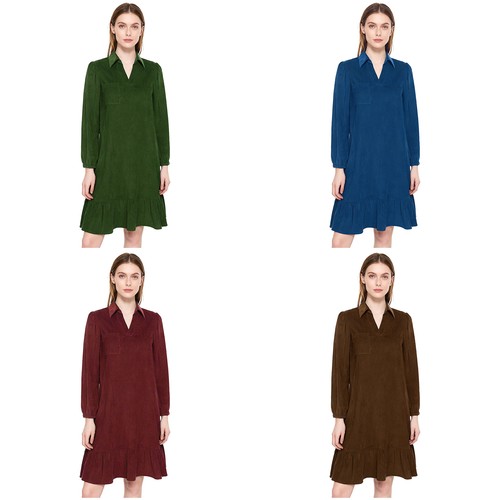 Womens Dresses Loose Dress Hem Costume Babydoll Corduroy Vintage V-Neck Evening - Picture 3 of 57