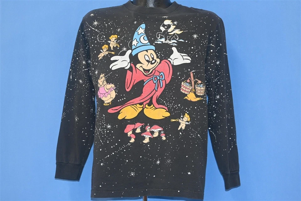 vintage 90s DISNEY FANTASIA SORCERER MICKEY MOUSE 50TH AOP LS t-shirt MEDIUM M - Image 2 of 4