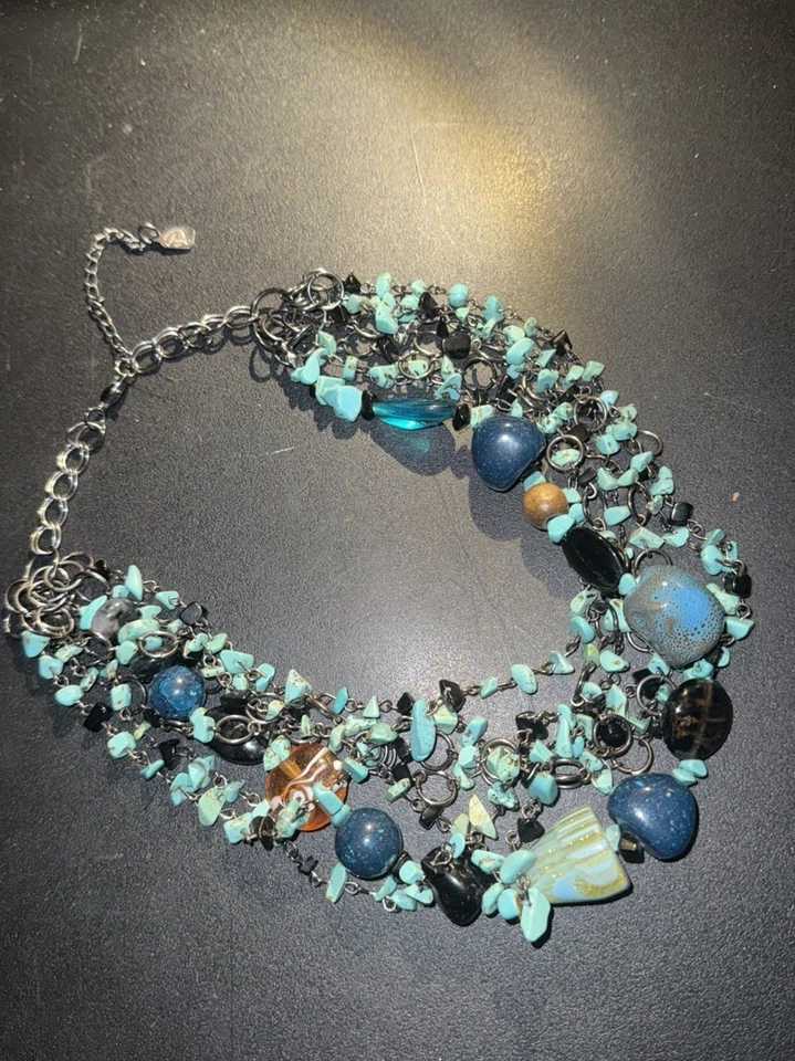 Винтажный черный обсидиан бирюза серебро тонированный подвеска ожерелье с подписью Yousi - Изображение 3 из 4