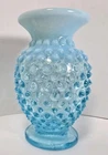 Vintage Fenton Powder Blue Opalescent Hobnail Glass Small Bud Vase 3.75"