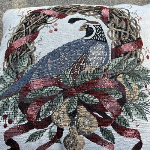 Dakota Tapestry Pillow Red Maroon MutiColor Quail in Wreath Hunting Large 17x17” - Picture 2 of 6