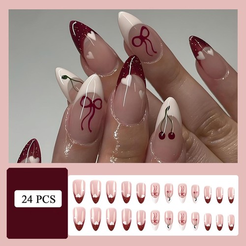 24Pcs French Tip Press on Nails Medium Almond 0.04 Fl Oz (Pack of 24), Red - Picture 4 of 7