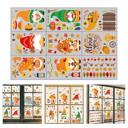 9 Sheets Thanksgiving Window Clings Autumn Gnome Maple Leaves Glass Static Decal - Picture 2 of 8