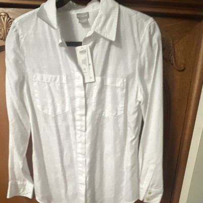 Chico's White Solid Linen Woven Button-Up Shirt Long Sleeve Collared 0