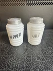 Vintage Milk Glass Salt & Pepper Shakers Lg. White Ribbed Bee Hive black Letters