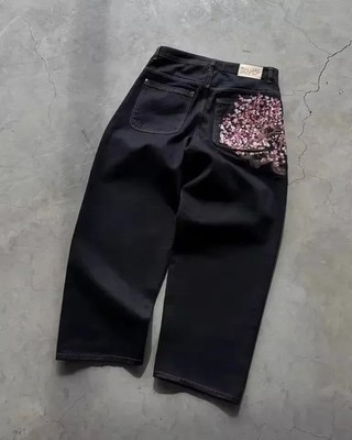 Embroidery Patchwork Cherry Blossom Denim Pants jeans Vintage Baggy FREE SHIP