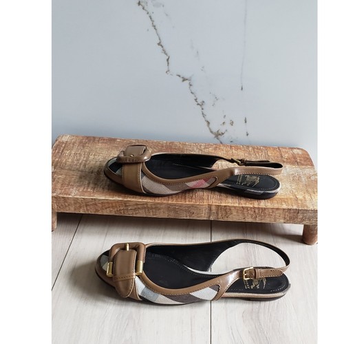 Burberry Flats Womens 36.5 Beige Nova Slingback Check Canvas Leather Flats - Picture 3 of 9