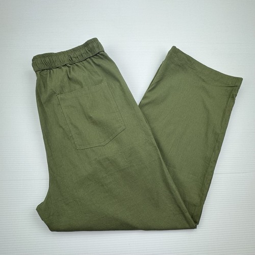 Green Loose Drawstring Pants Cotton Linen Wide Leg Pockets Lightweight Size XXL - Picture 5 of 9
