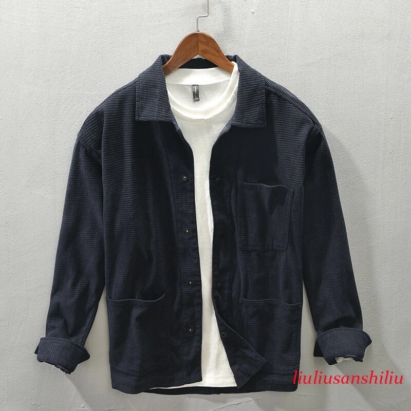 Mens Plain Casual Collared Shirt Pockets Long Sleeve Button Down Top Retro Grey