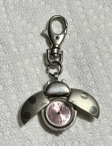 AWCLAIL Ladybug Pink Quartz Key Ring Watch Carabiner Silver Stainless Steel READ